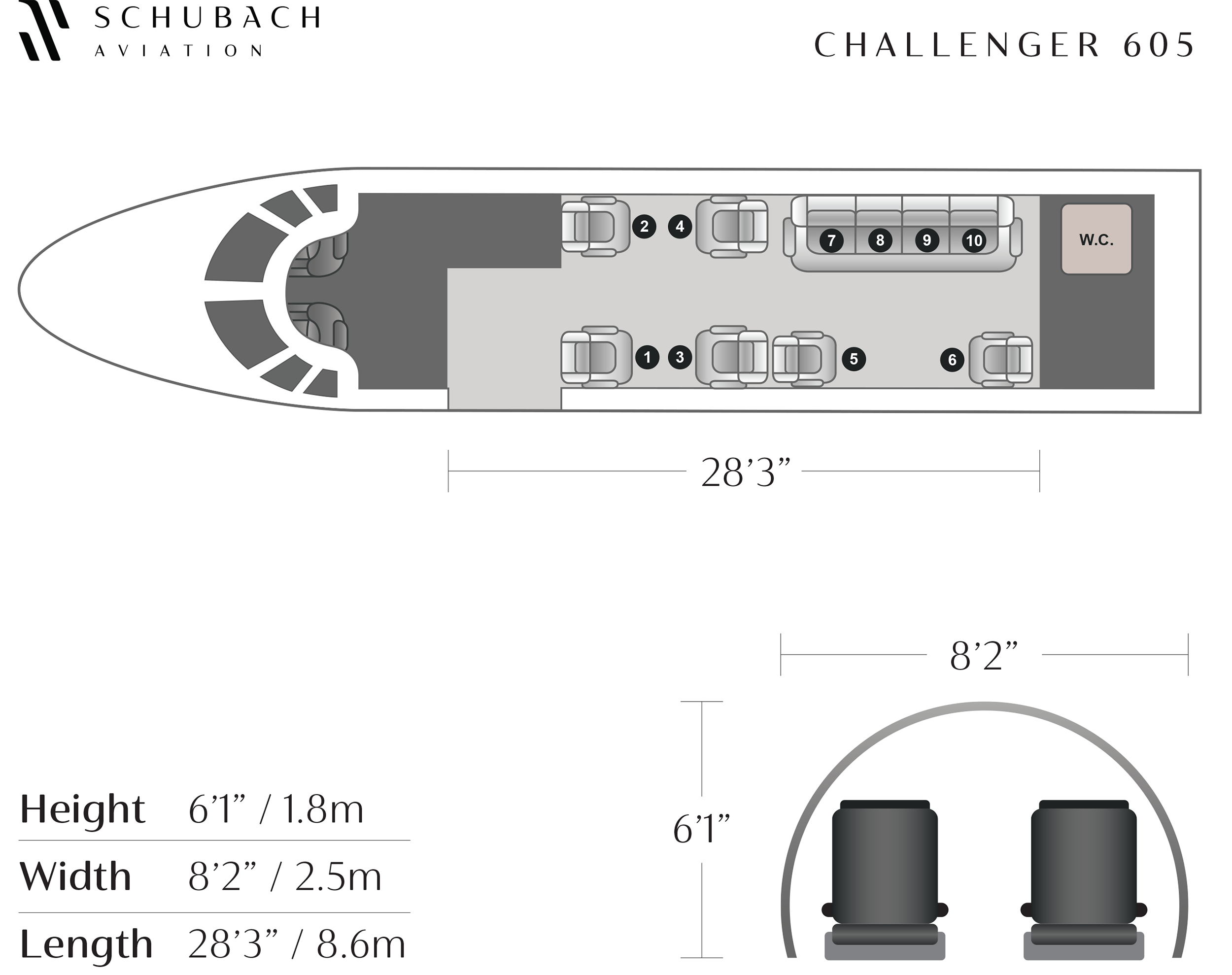 CHALLENGER 605 private jet layout and dimensions