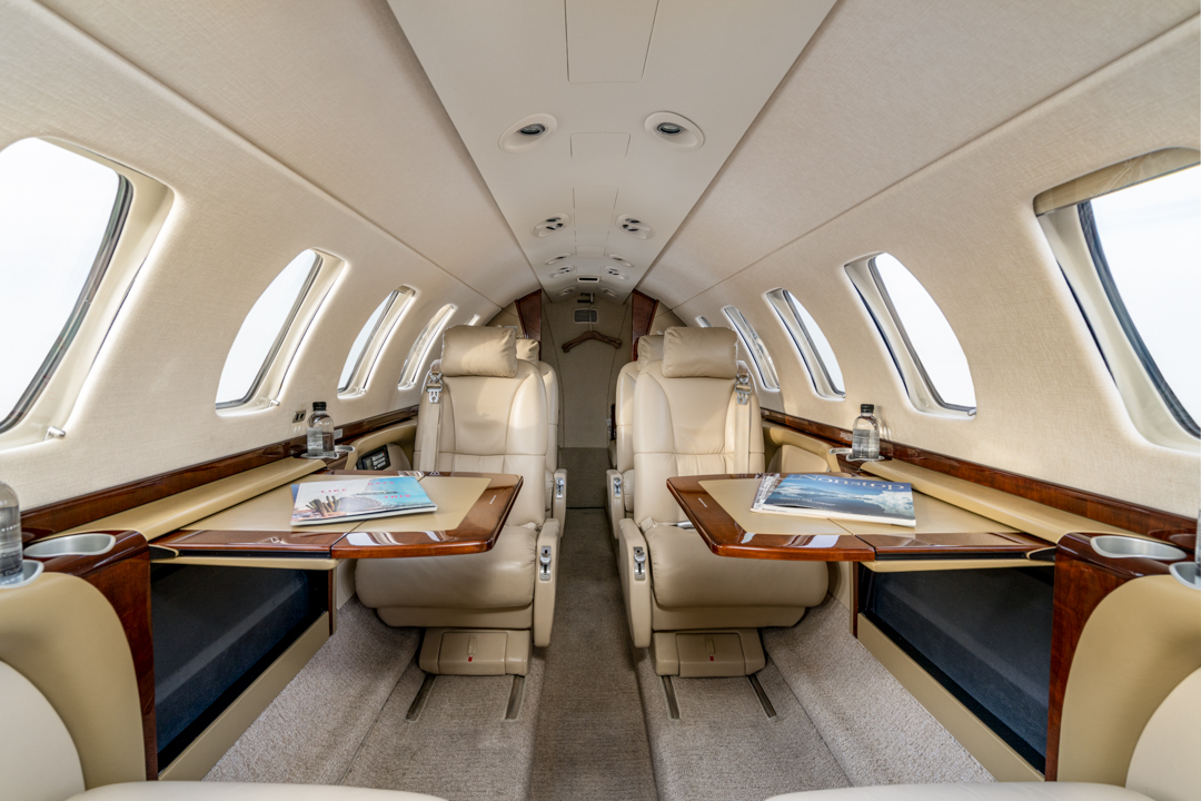 CJ3 private jet interior seats and tables