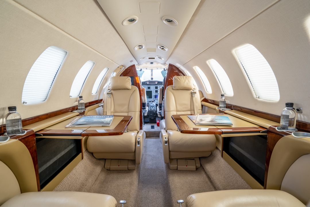 CJ3 private jet interior seats and tables